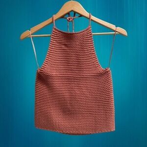 525‎ America Halter Top Crochet Knit Tie Neck Blush Rose Sexy Feminine New XS